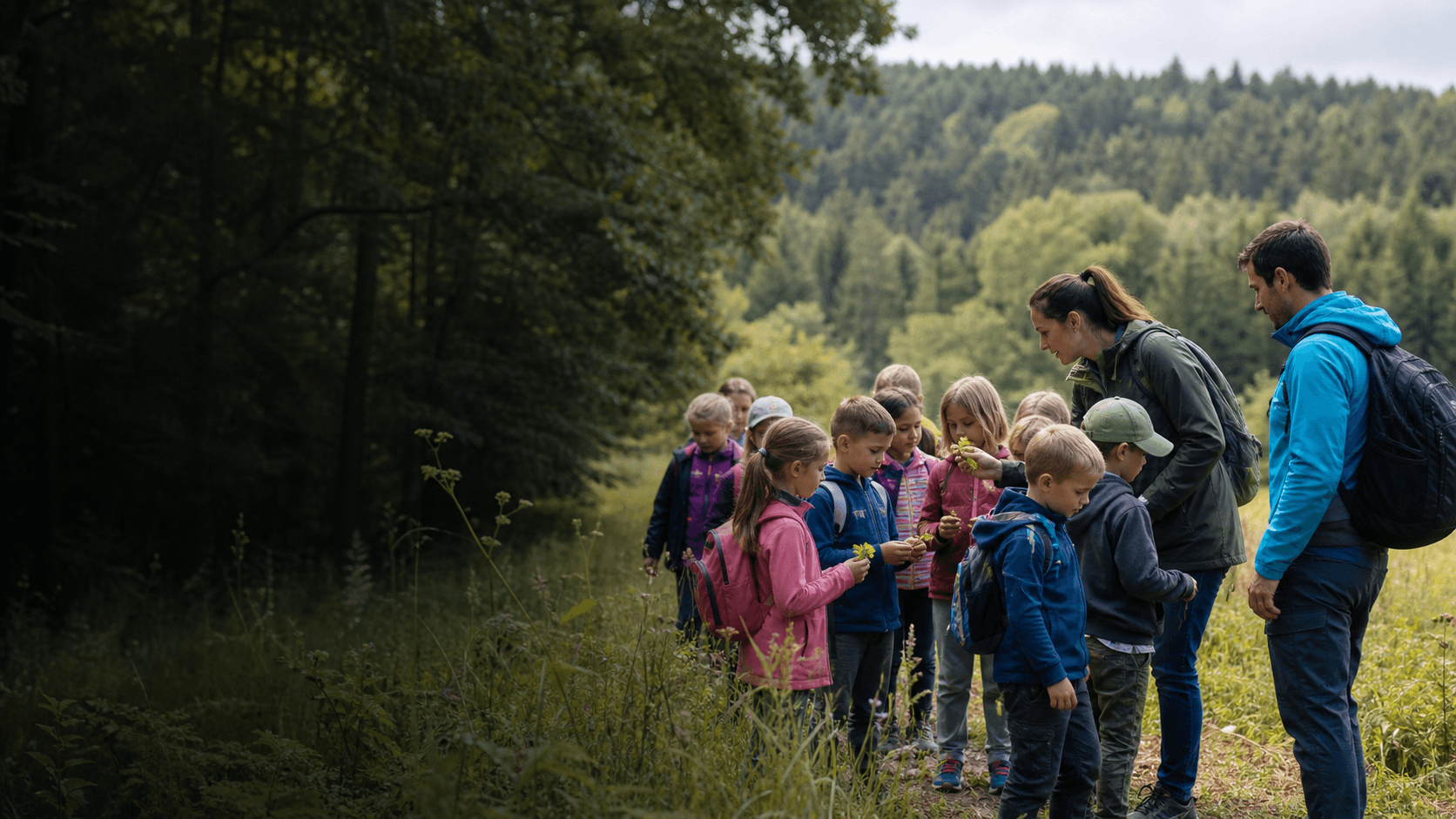 Děti při aktivitě v přírodě — škola v přírodě